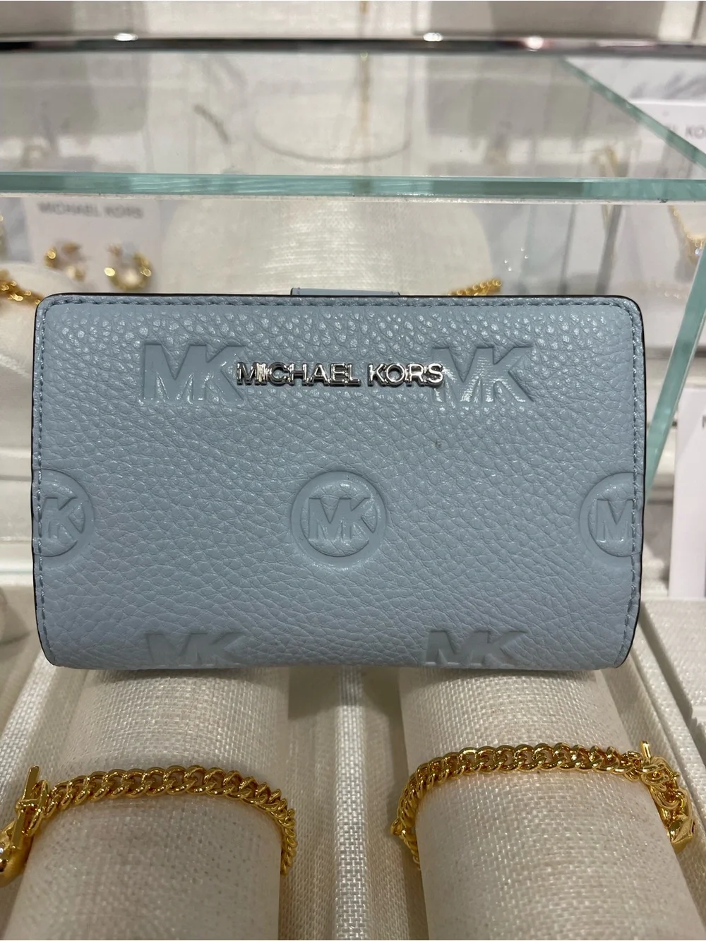 Michael Kors Jet Set Travel Medium Logo Debossed Billfold Wallet Pale Ocean  NWT
